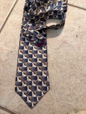 Louis Feraud Navy and Brown Geometric Silk Necktie